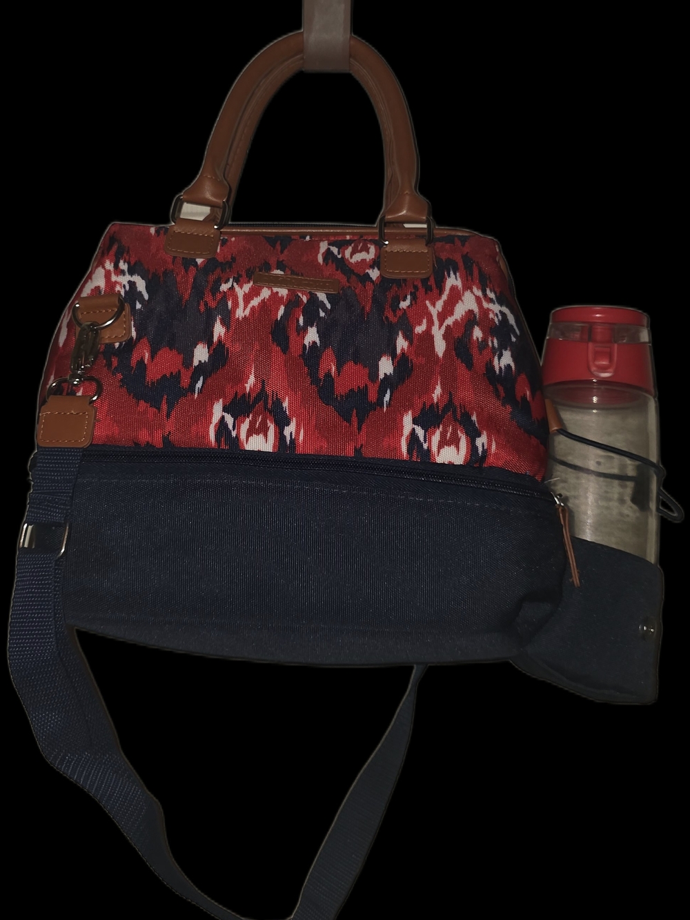 Red Navy Patterned Lunch Tote Bag with Brown Trim